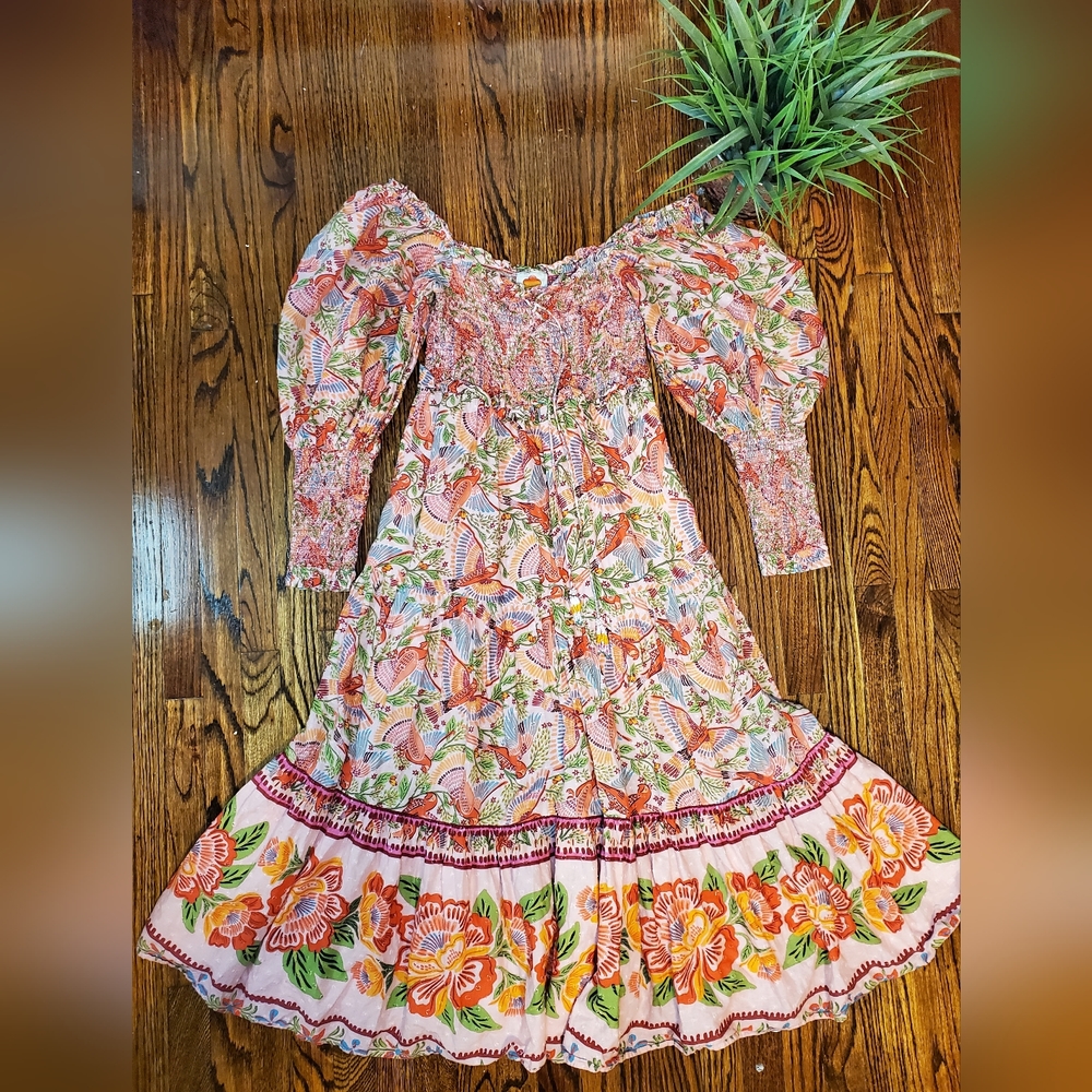Farm Río Anthropologie Maxi Dress Macaw Flight Smocked Top Pink Midium - Picture 7 of 16